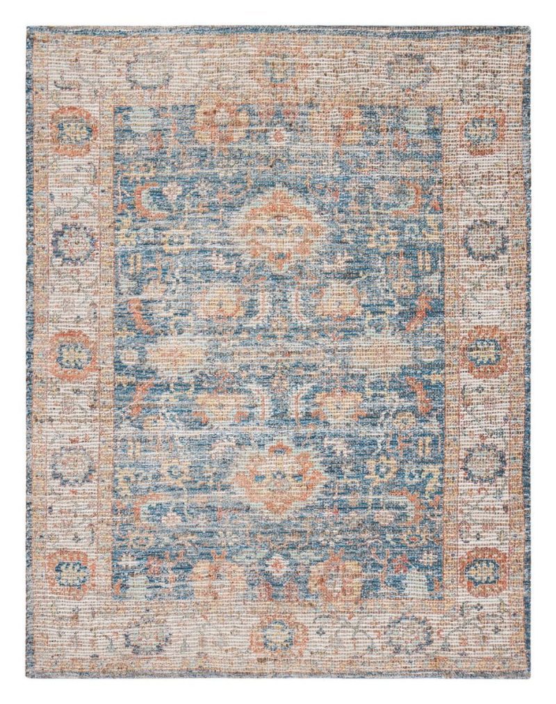 blue floral ivory border jute chenille 819